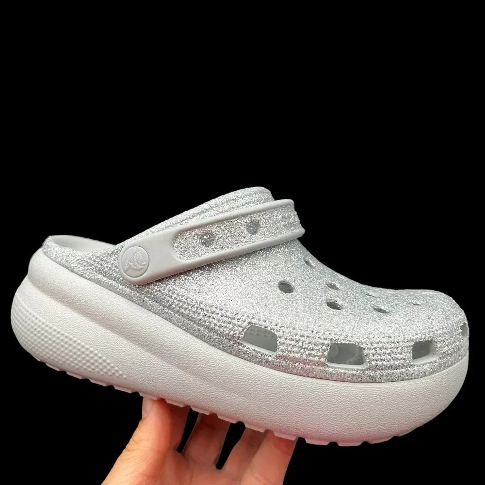 Crocs Youth Girls Platform Glitter Clog Size 2-3‎ Silver Slip-on Comfortable